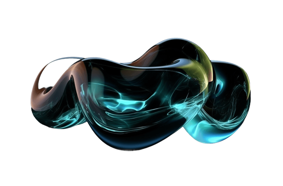 Abstract 3D glass blob with iridescent teal-blue tones