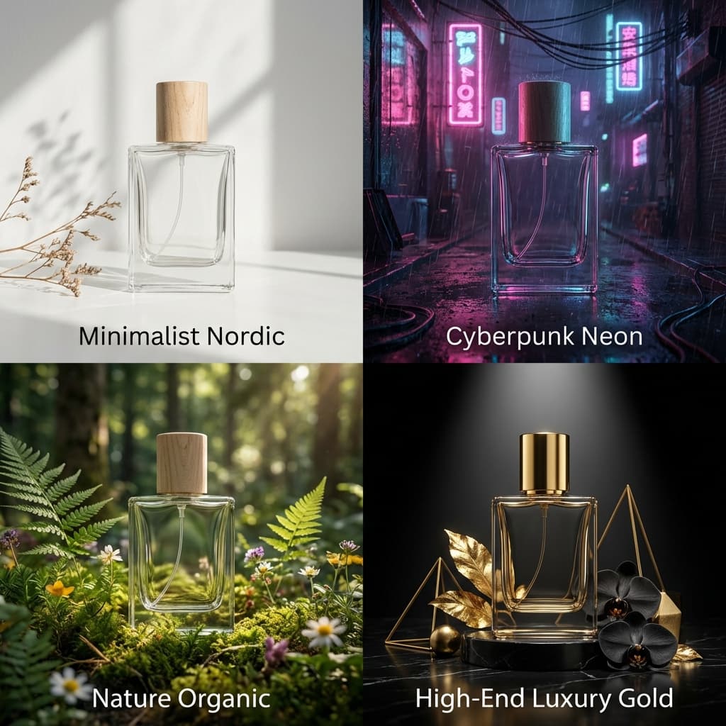 Grid of one product in multiple diverse aesthetic styles